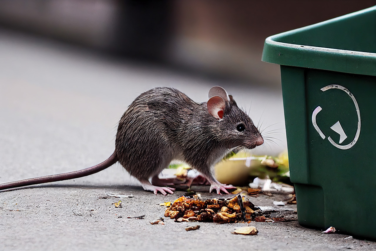 Small gray mouse and rat garbage on dirty floor